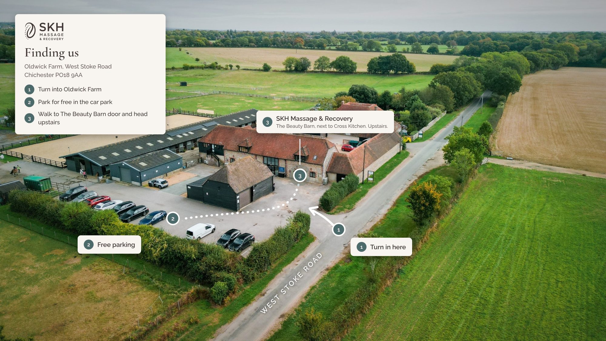 Aerial photo of Oldwick Farm. Turn in from West Stoke Road, park for free in the car park, then walk to The Beauty Barn door next to Cross Kitchen and head upstairs.